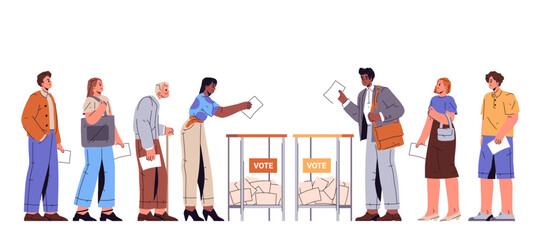 People line at voting. Vector citizens vote using ballot boxes. Election participation and public democracy procedure,referendum decision at voting station. President 2024 selection in america.Politic