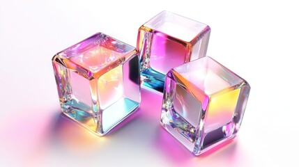 Three vibrant, translucent cubes reflecting colorful light against a soft white background.