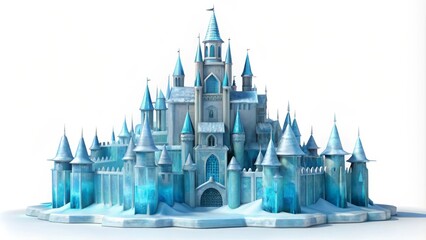 Majestic ice castle standing on frozen ground on white background