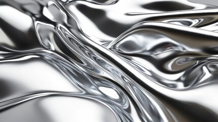 A close-up view of glistening silver fabric, showcasing intricate folds and a dynamic interplay of light.