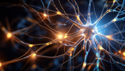 Abstract neurons branching out and connecting through glowing synapses. Brain activity, science