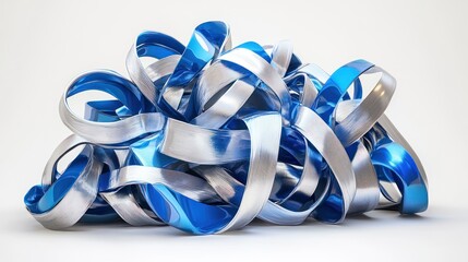 A dynamic arrangement of blue and silver twisted ribbons, creating an abstract and modern art piece.