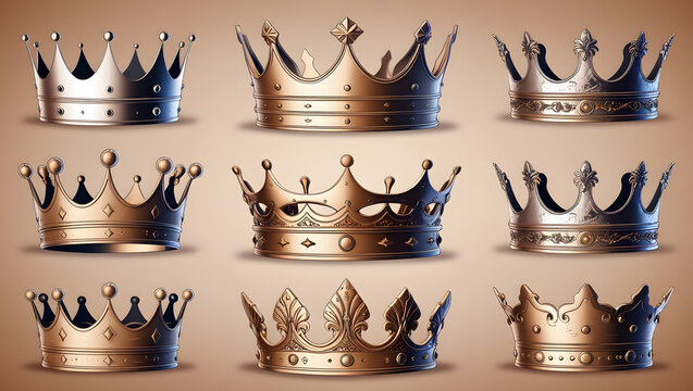Collection of realistic golden crowns. Crowning headdress for king or queen. Royal noble aristocrat monarchy symbols. 