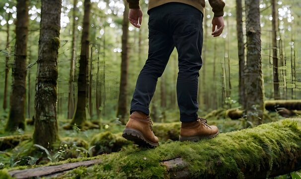Man walking on a mossy log in to the forest