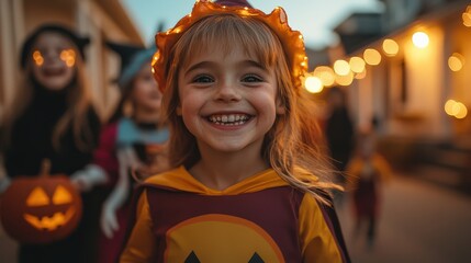 Obraz premium A group of children dressed in colorful Halloween costumes, including witches, ghosts, and superheroes, joyfully trick-or-treating along a suburban street.