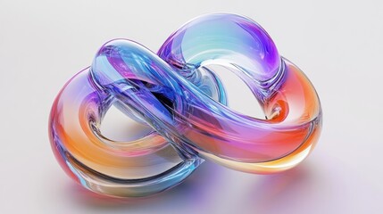 A colorful, glass-like infinity symbol in vibrant hues of purple, orange, and blue against a soft white background.