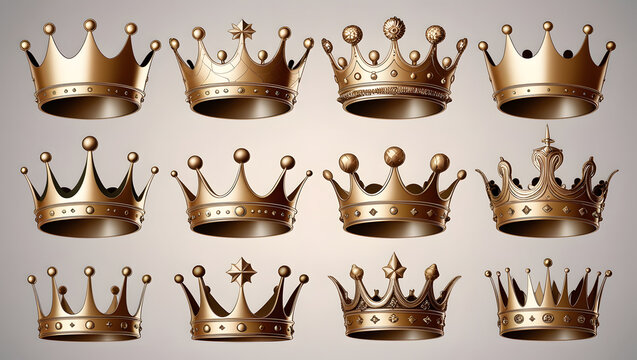 Collection of realistic golden crowns. Crowning headdress for king or queen. Royal noble aristocrat monarchy symbols. 
