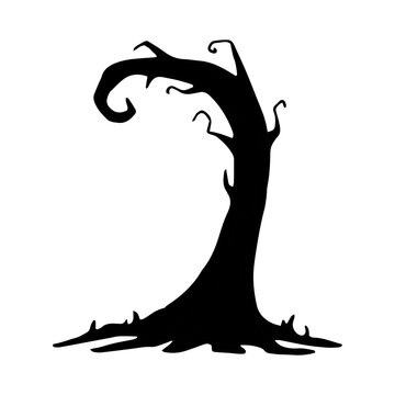 recommend clip art: Crooked tree with gnarled roots. Halloween plant silhouette. Graphic illustration. Black outline clipart. Hand drawn isolated drawing. Nature element for creepy decor. Doodle style