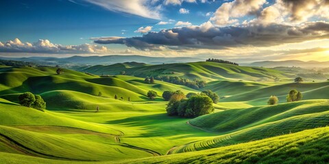 Obraz premium Lush green hills roll softly in a serene landscape, kissed by a clear blue sky, evoking tranquility and