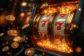 an explosion of shimmering gold coins erupts from a casino slot machine capturing the thrill of winning with realistic textures and dynamic motion evoking excitement and fortune