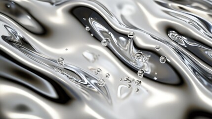 Abstract close-up of silver liquid waves with bubbles, creating a fluid and dynamic effect.