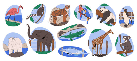 Vector set of zoo animals or wildlife bird, mammal, fish. Public park biodiversity. Crocodile reptile, dolphin, parrot and tiger, penguin, polar bear, panda, koala and elephant, giraffe, flamingo