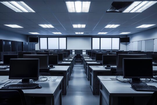 An empty computer lab filled with numerous computer monitors and keyboards is visible. Generative AI
