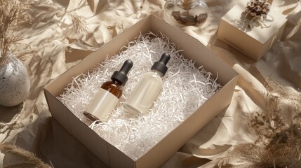 Two elegant glass bottles of skincare serums, set in a natural, eco-friendly packaging with soft textures and neutral tones.