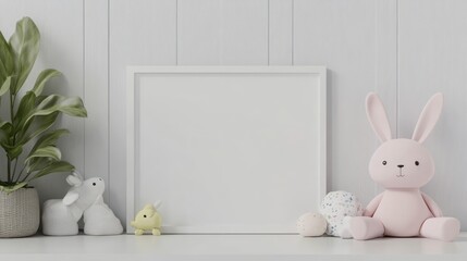 A serene display featuring soft pastel-colored bunny plush toys and a blank frame, perfect for a child's nursery or playroom.