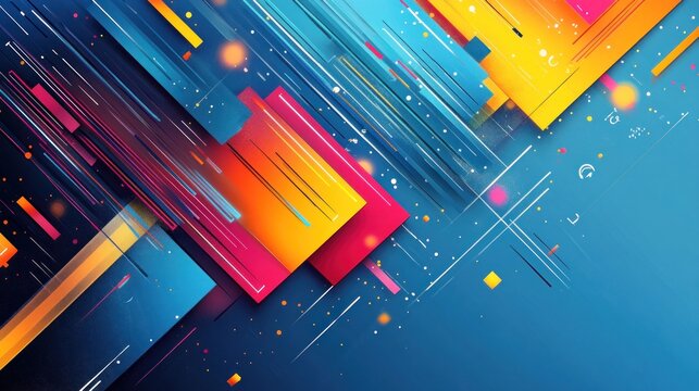 Vibrant abstract graphic design featuring colorful lines and shapes on a blue backdrop, evoking a sense of modernity and energy.