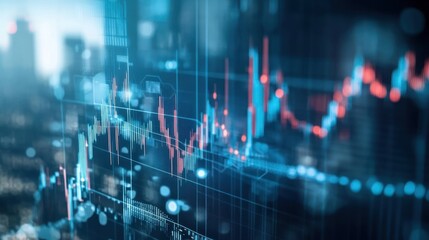 Abstract data visualization with financial charts and graphs in blue and red tones, symbolizing market trends and analysis.