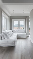 Modern Minimalist Living Room White Sofa, Large Windows and Light Grey Walls., Wooden Floor