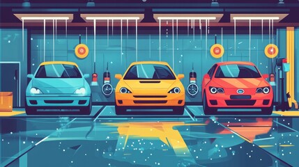 Obraz premium Three colorful cars in a modern garage setting, showcasing vibrant yellow, blue, and red hues.