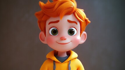 Cheerful young boy with orange hair in a bright yellow hoodie, smiling warmly at the camera.