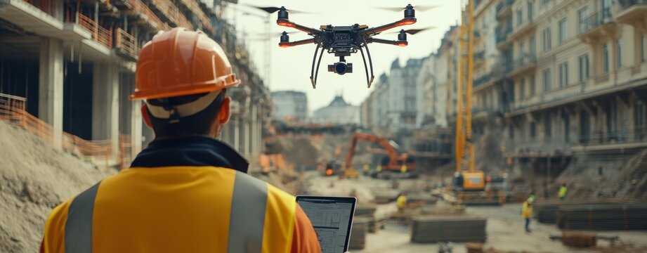 A construction site equipped with drones surveying the area, showing workers monitoring progress on tablets with real-time data displayed