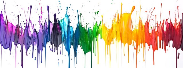 Fototapeta premium Rainbows of paint splashing on a white background, vibrant colors dripping and blending together