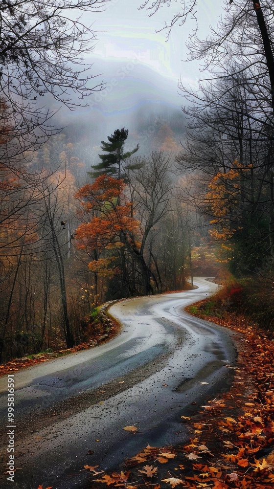 Poster a road with a tree on it and leaves on the ground
