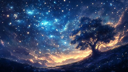 Obraz premium Fantasy landscape where stars blink in the sky, creating patterns and constellations, magical nighttime scene, Blinking stars, Fantasy landscape