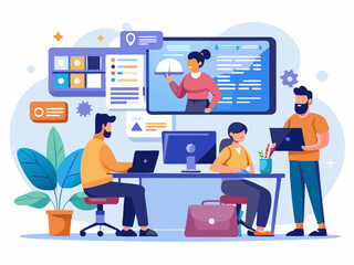 Programming office with developers and notebook. Coders or programmers writing program. Landing page for web IT courses with HTML and C++. Code team engineering computer software