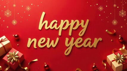 Big golden handwriting thin letters &ldquo;happy new year &rdquo; over red background with golden gifts on it 