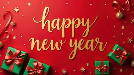Big golden handwriting thin letters “happy new year ” over red background with golden gifts on it 