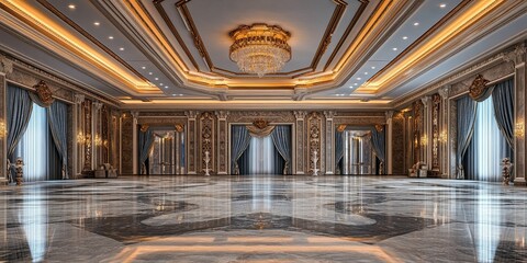 Obraz premium luxury denim hotel ballroom with wooden intricate royal carving wall and elegant marble floor 
