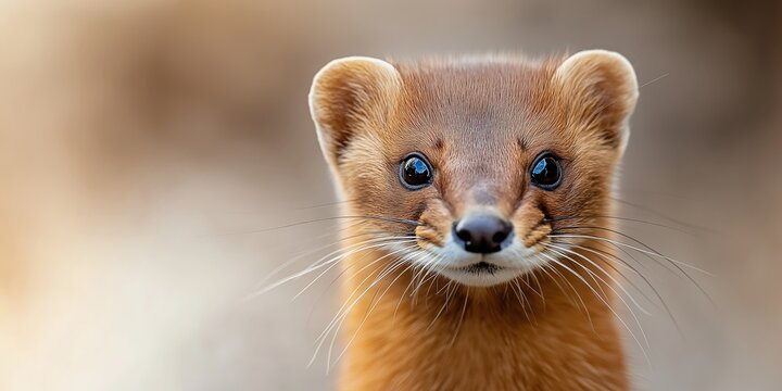 A close-up photograph of a weasels face, with sharp focus on its bright, inquisitive eyes, and its whiskers catching the light