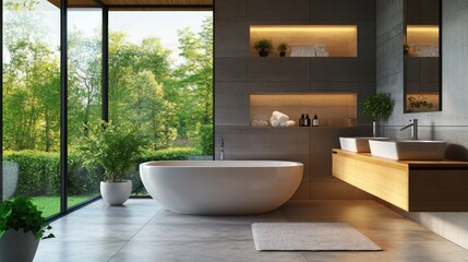 Fototapeta premium Modern bathroom featuring sleek design with a freestanding tub and large windows showcasing a lush garden view.