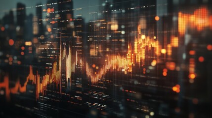 Abstract data visualization showcasing vibrant orange and gold graphs against a dark cityscape backdrop.
