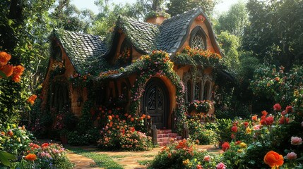 Obraz premium A Charming Cottage Nestled Amidst a Lush Garden of Vibrant Blooms