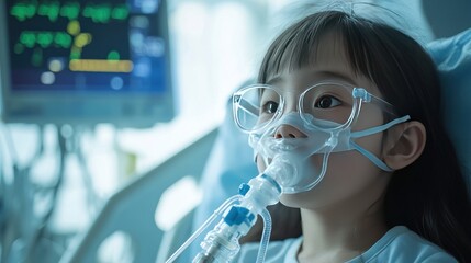A young Asian girl wearing glasses and an oxygen mask, appearing thoughtful in a hospital setting.