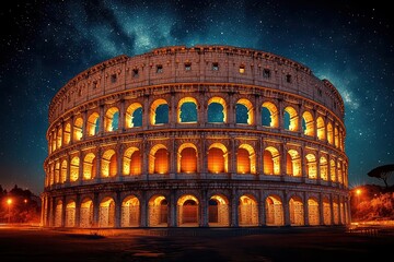 Naklejka premium ancient colosseum illuminated by warm spotlights against a velvety night sky filled with twinkling stars and a luminous full moon creating a hauntingly beautiful blend of history and celestial wonder