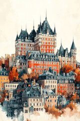 Fototapeta premium Quebec City, Canada, color pen pencil hand-drawn effect drawing illustration for travel poster, card, wallpaper, backdrop or banner. Modern, clear, artistic and simple