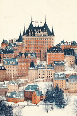 Obraz premium Quebec City, Canada, color pen pencil hand-drawn effect drawing illustration for travel poster, card, wallpaper, backdrop or banner. Modern, clear, artistic and simple