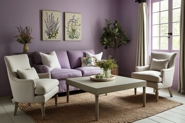 Tranquil Cottage Interior with Classic Square Coffee Table Neutral Linen Chair Lavender Walls and Botanical Decor