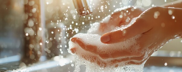 Fototapeta premium Close-up of a woman's hands washing dishes with soap and water in a kitchen sink under bright sunlight
