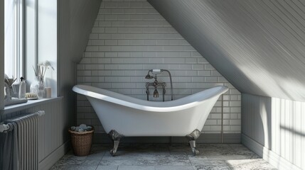 Luxurious white bathtub in a cozy, stylish attic bathroom with soft gray tones and natural light.