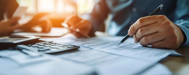 Close-up of an accountant explaining tax details to a client with documents on a desk