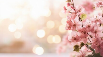 Pink blossoms display their beauty as soft bokeh lights shimmer in the background, evoking a serene and enchanting spring ambiance