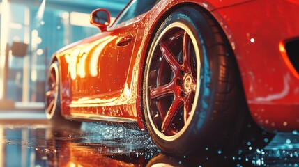 Close-up of a sleek red sports car with glossy wheels, showcasing stunning design and a wet floor reflecting its vibrant color.