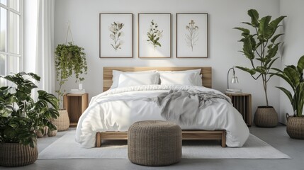 Obraz premium Spacious and serene bedroom with a modern design, featuring a wooden bed, lush plants, and soft textiles.