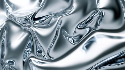 Abstract silver texture depicting flowing liquid metal in a smooth, glossy finish.