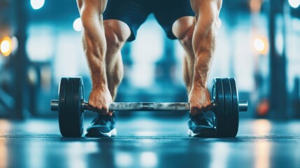 A dedicated man lifts a heavy barbell while maintaining his posture in a lively gym filled with equipment