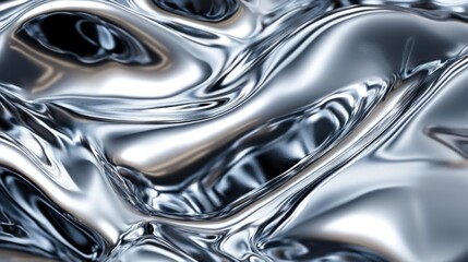 Abstract close-up of shimmering chrome-like liquid metal with flowing patterns reflecting light.
